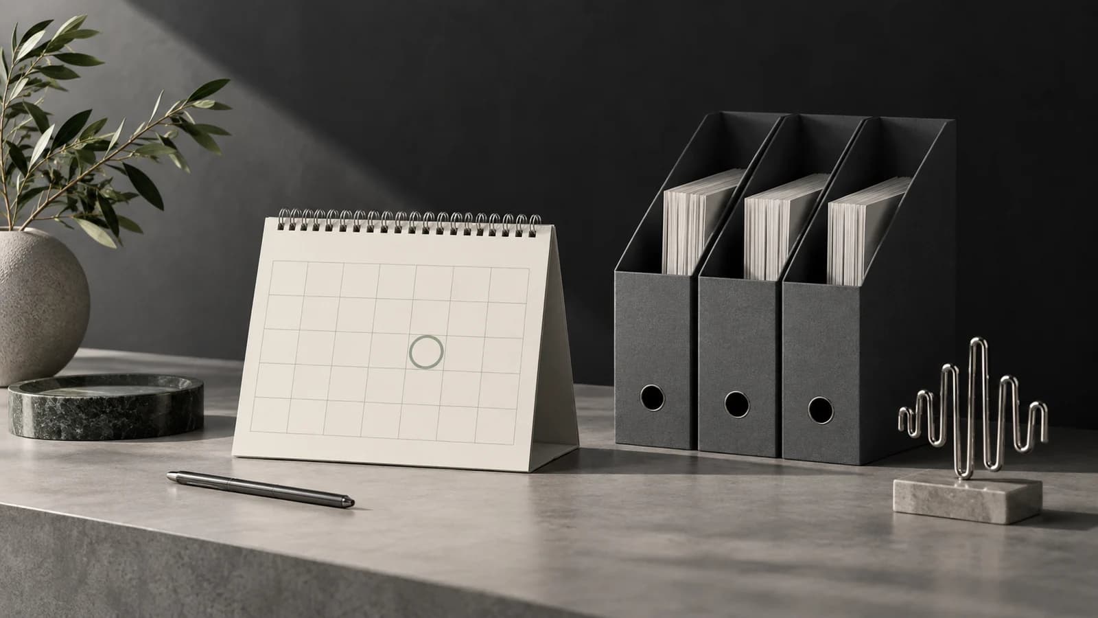 A calendar, three document sleeves, and an audio-wave sculpture illustrate appointment handoff.