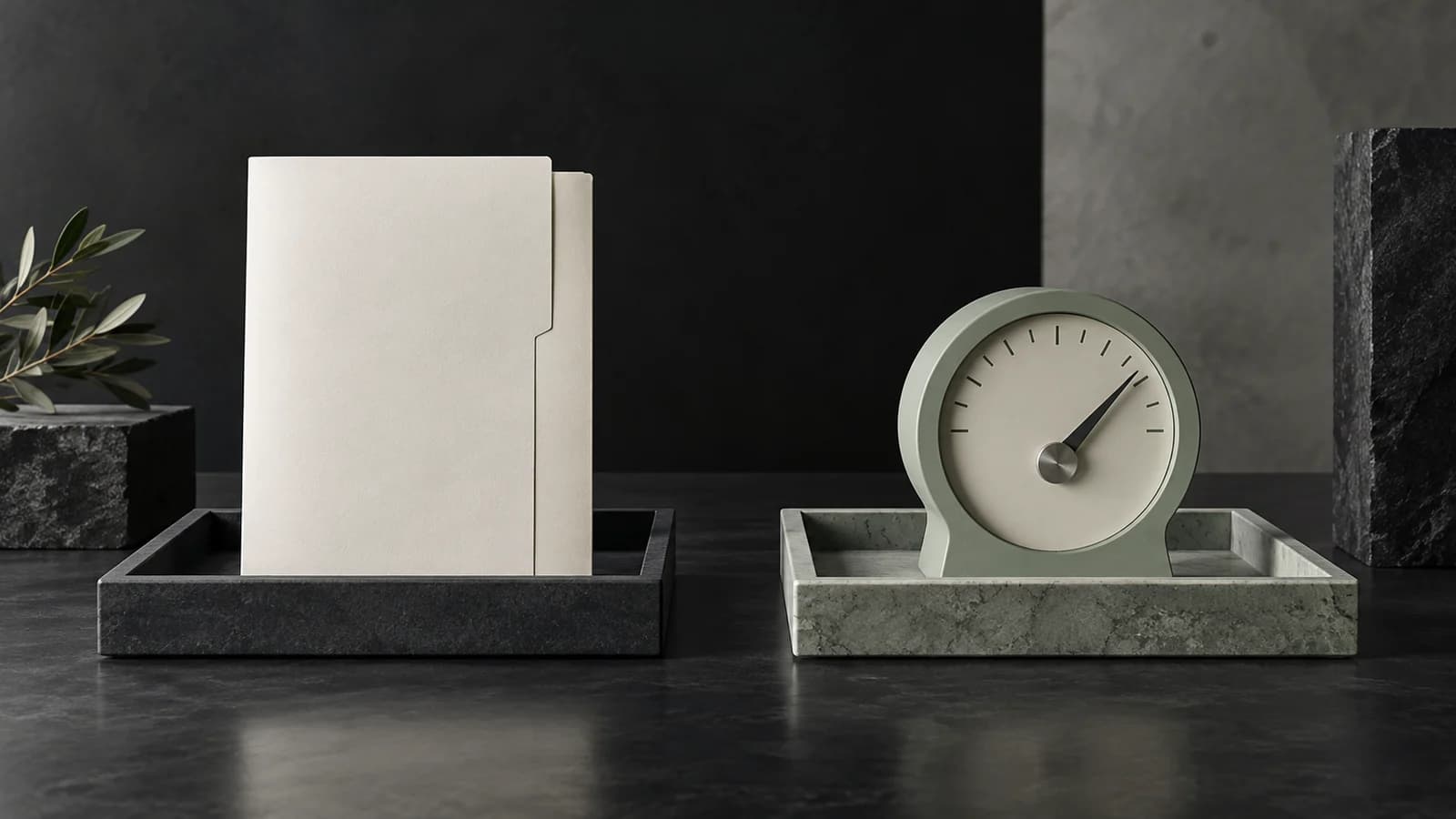 Separate trays hold a service folder and a usage meter, illustrating delivery fees and usage costs.