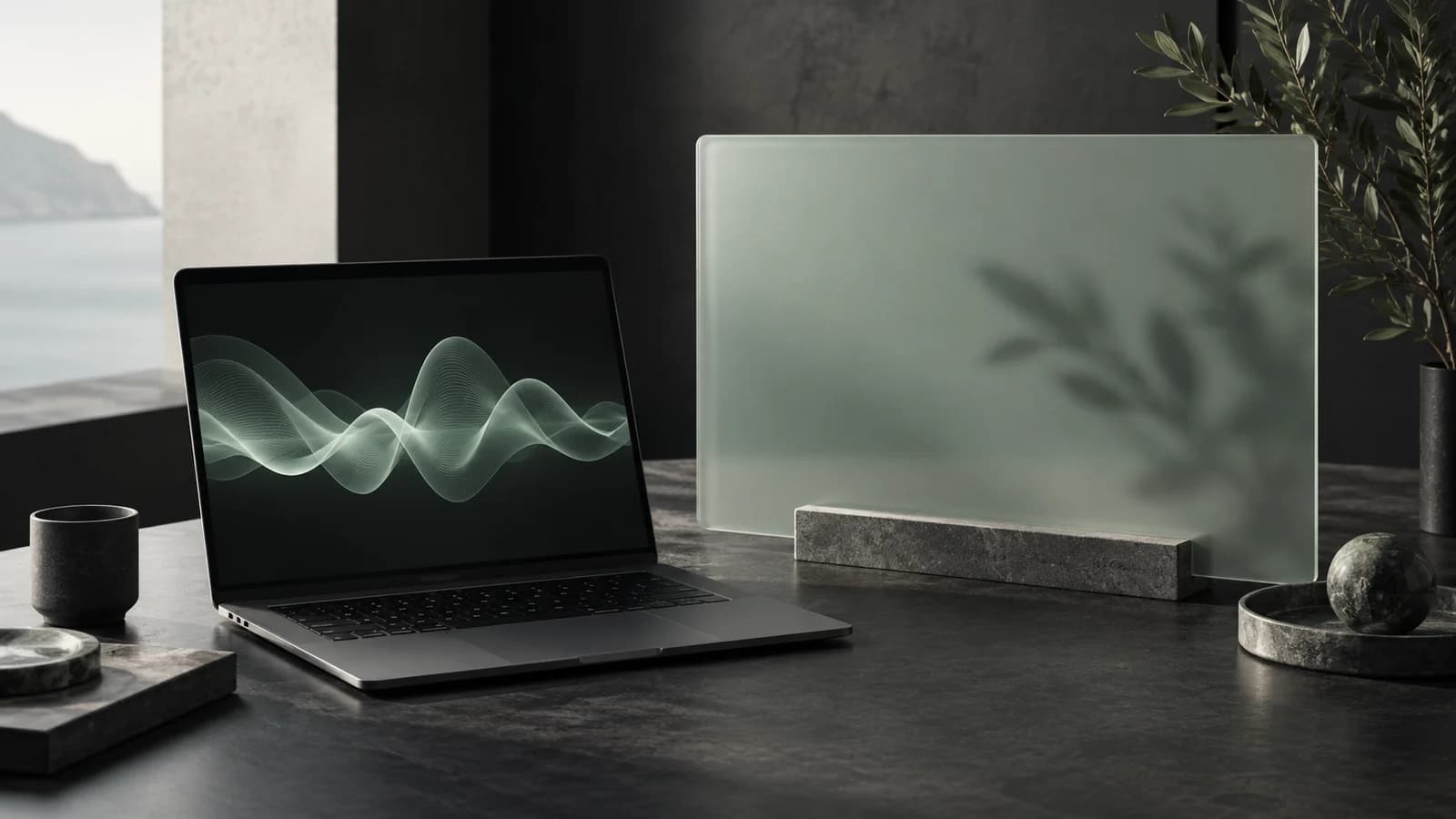 A contemporary laptop with an abstract waveform beside a sage presentation panel, illustrating personalized demos.