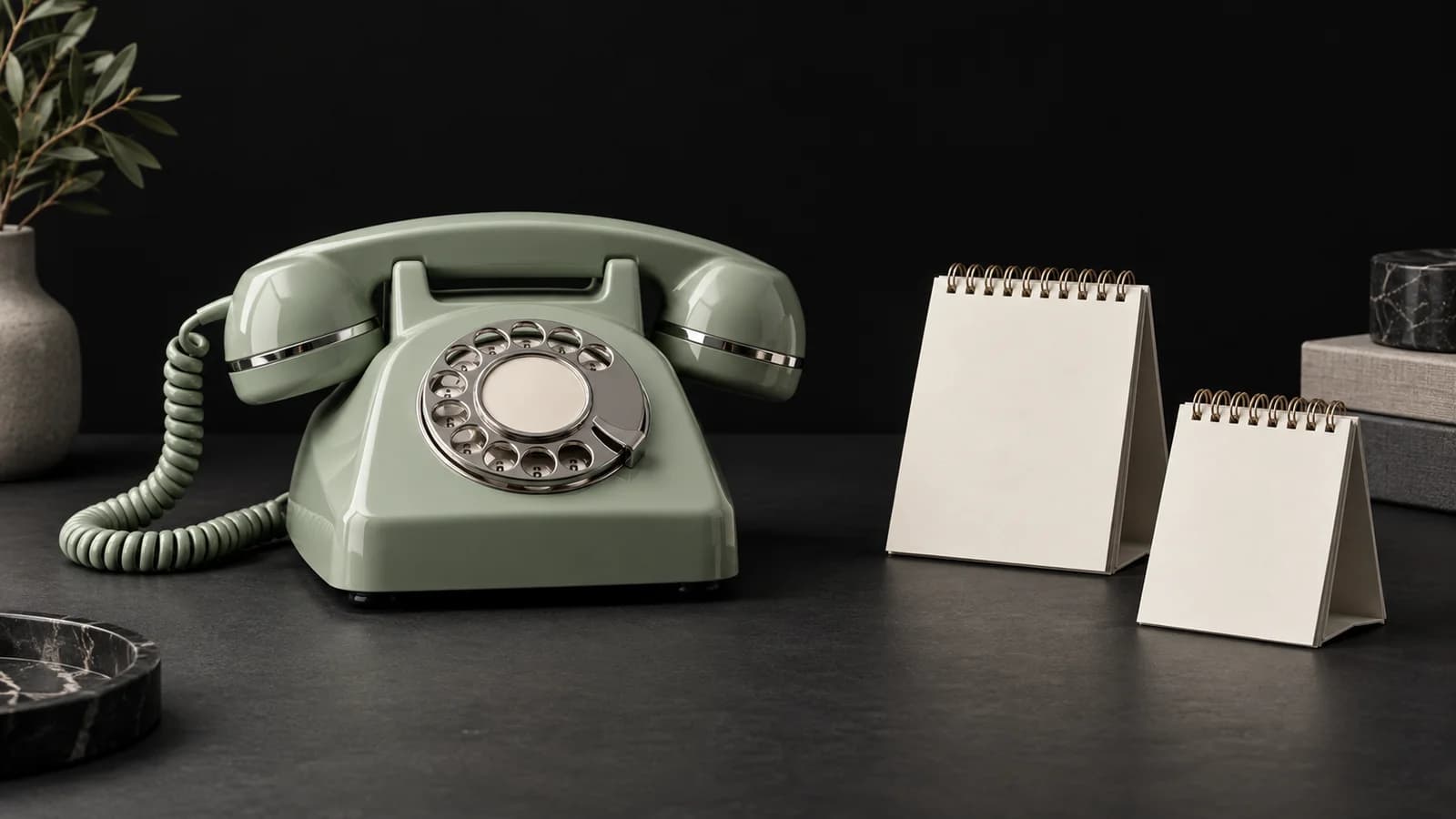 A sage rotary desk telephone beside two blank ivory standing cards on a charcoal surface.